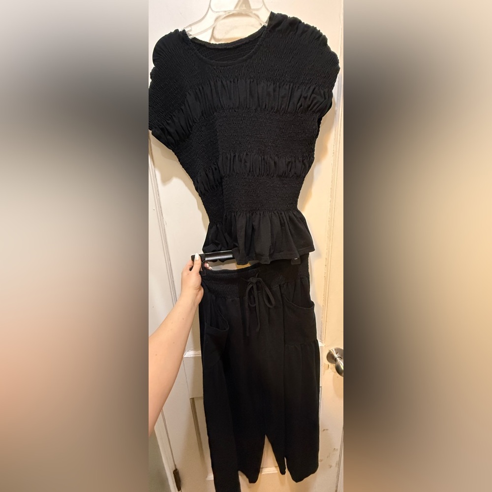 Two piece set peplum shirted top & wide legged cropped pants w/ slouchy pockets
